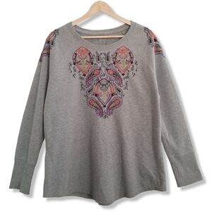 Ruff Hewn Embroidered Crewneck Sweatshirt Top Large Gray Boho Paisley
